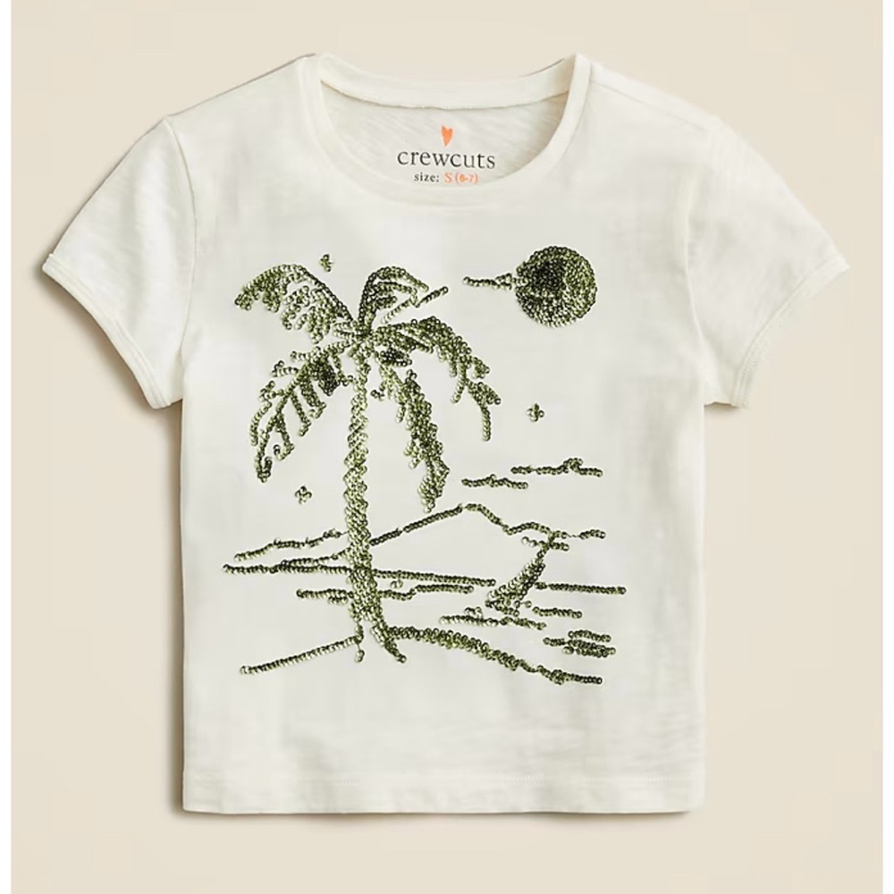 NWT J. Crew Girls' Shrunken Palm Tree Graphic T-shirt Sequins Cream
